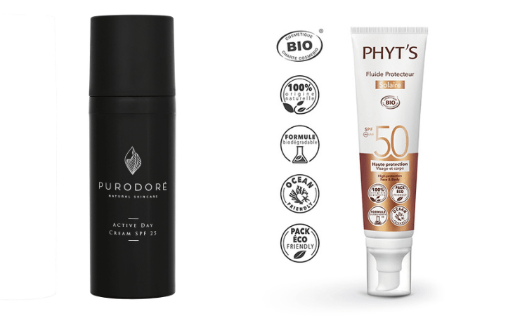 Kaksi luonnonmukaista aurinkosuojatuotepurkkia.