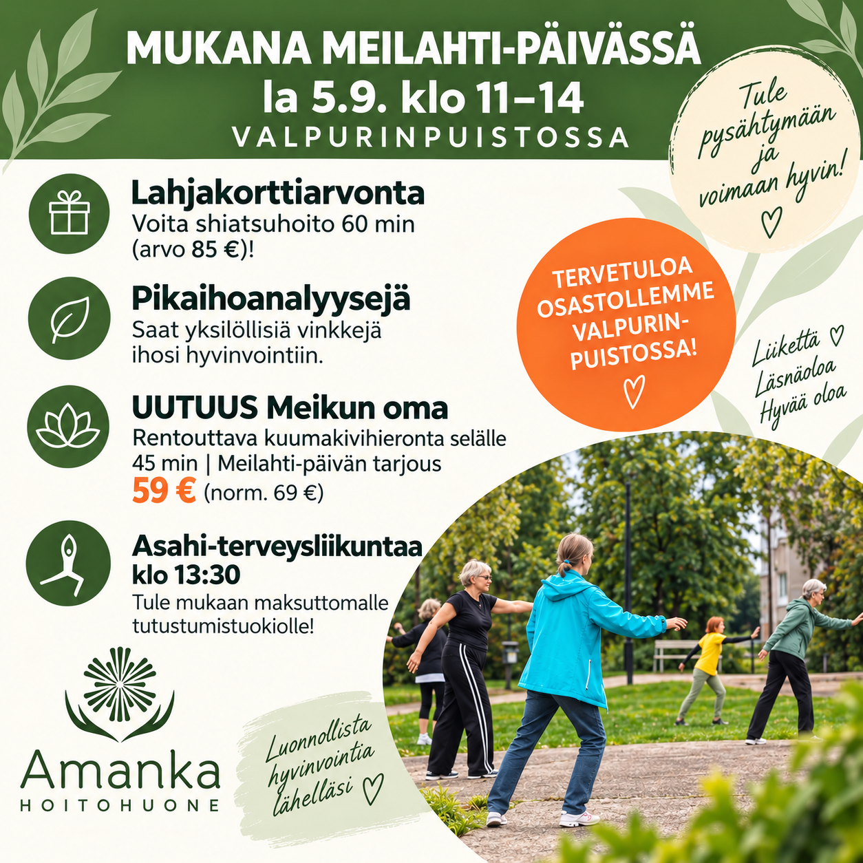Hoitohuone Amanka Meilahti-päivässä 5.9.2026 – lahjakorttiarvonta, pikaihoanalyysit, Meikun oma -hoito ja Asahi-terveysliikunta.